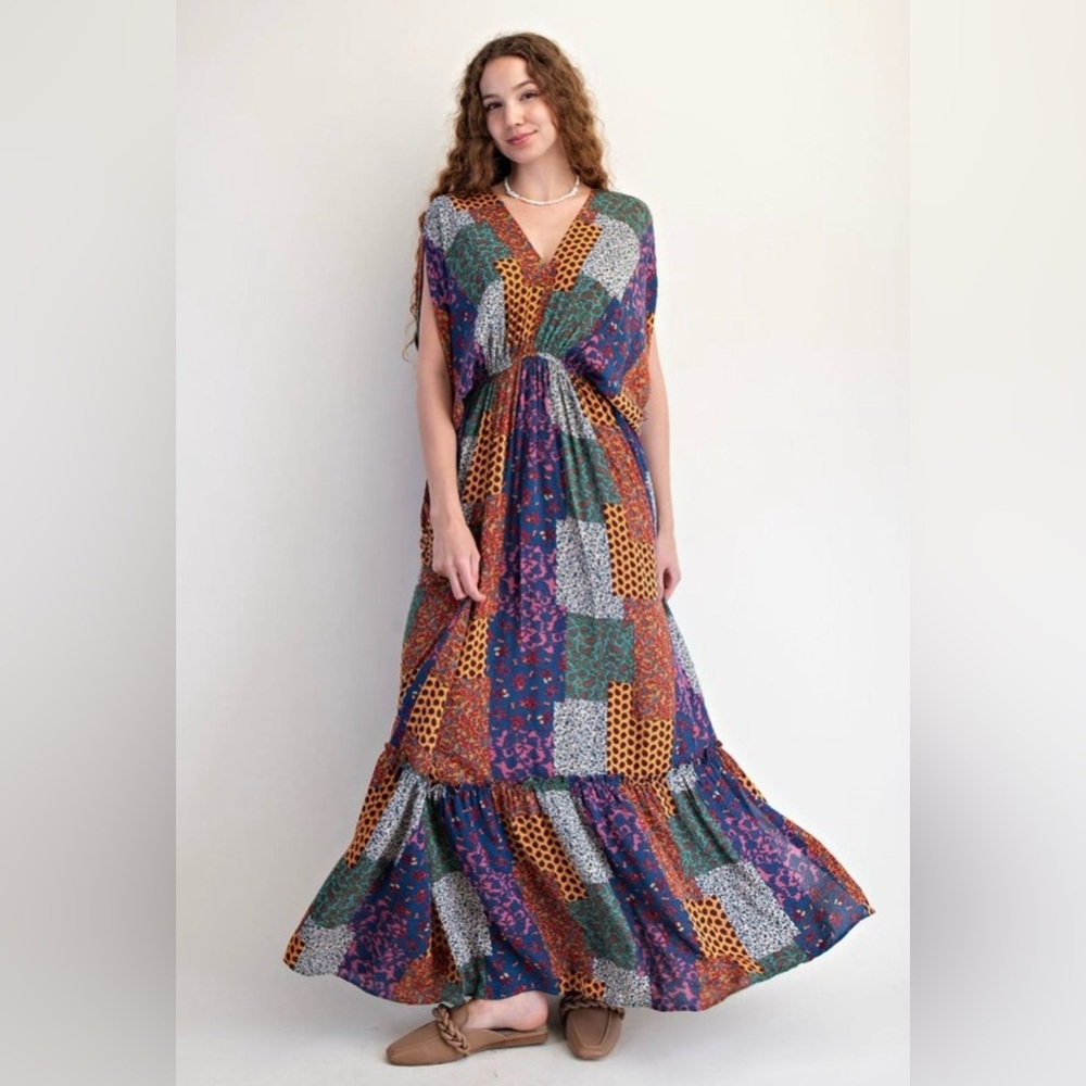 Easel Tiered Flowy Multi-color Patchwork Maxi Dre… - image 1